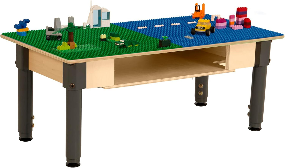 Rectangle Time-2-Play Table with a shelf, along with adjustable 12"-17" legs and a LEGO® Compatible Grid of BLUE/GREEN Color