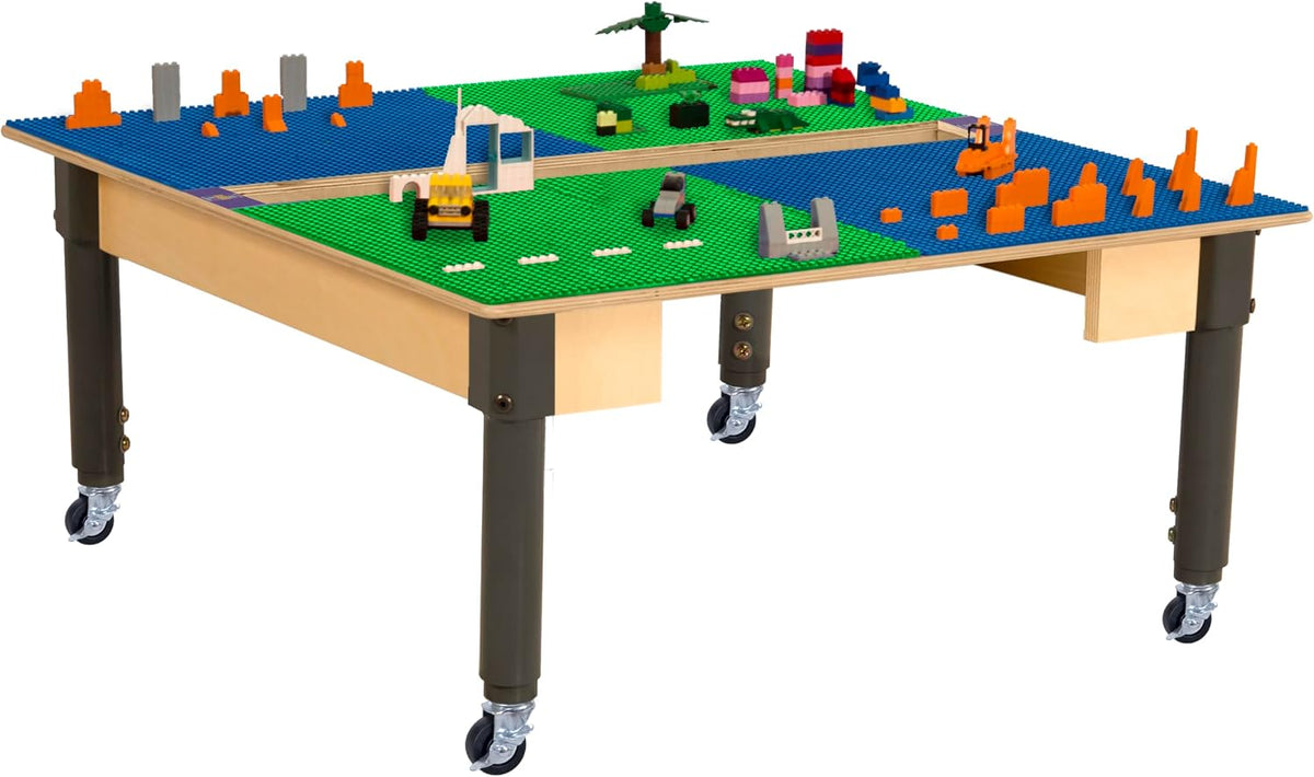 Square Time-2-Play Table with a trough, along with adjustable 12"-18" legs with locking casters and a LEGO® Compatible Grid of BLUE/GREEN Color