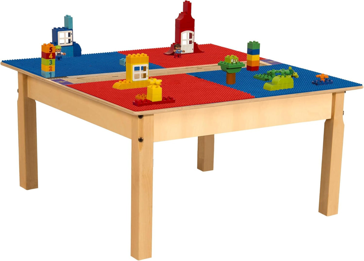 Square Time-2-Play Table with a trough, along with 16" legs and a DUPLO® Compatible Grid of RED/BLUE Color