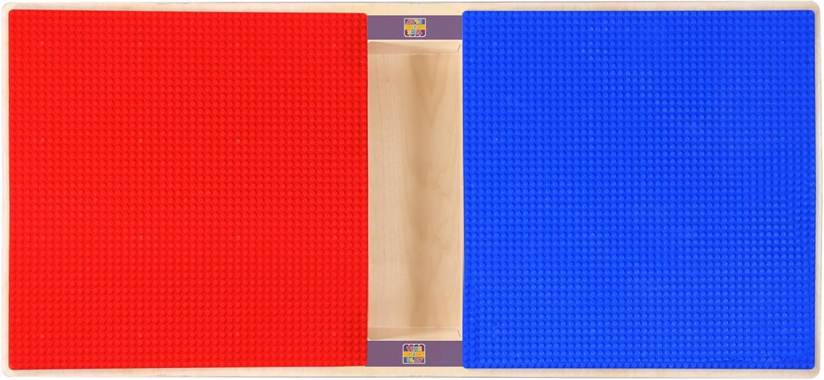 Rectangle Time-2-Play Table with a trough, along with 16" legs and a LEGO® Compatible Grid of RED/BLUE Color
