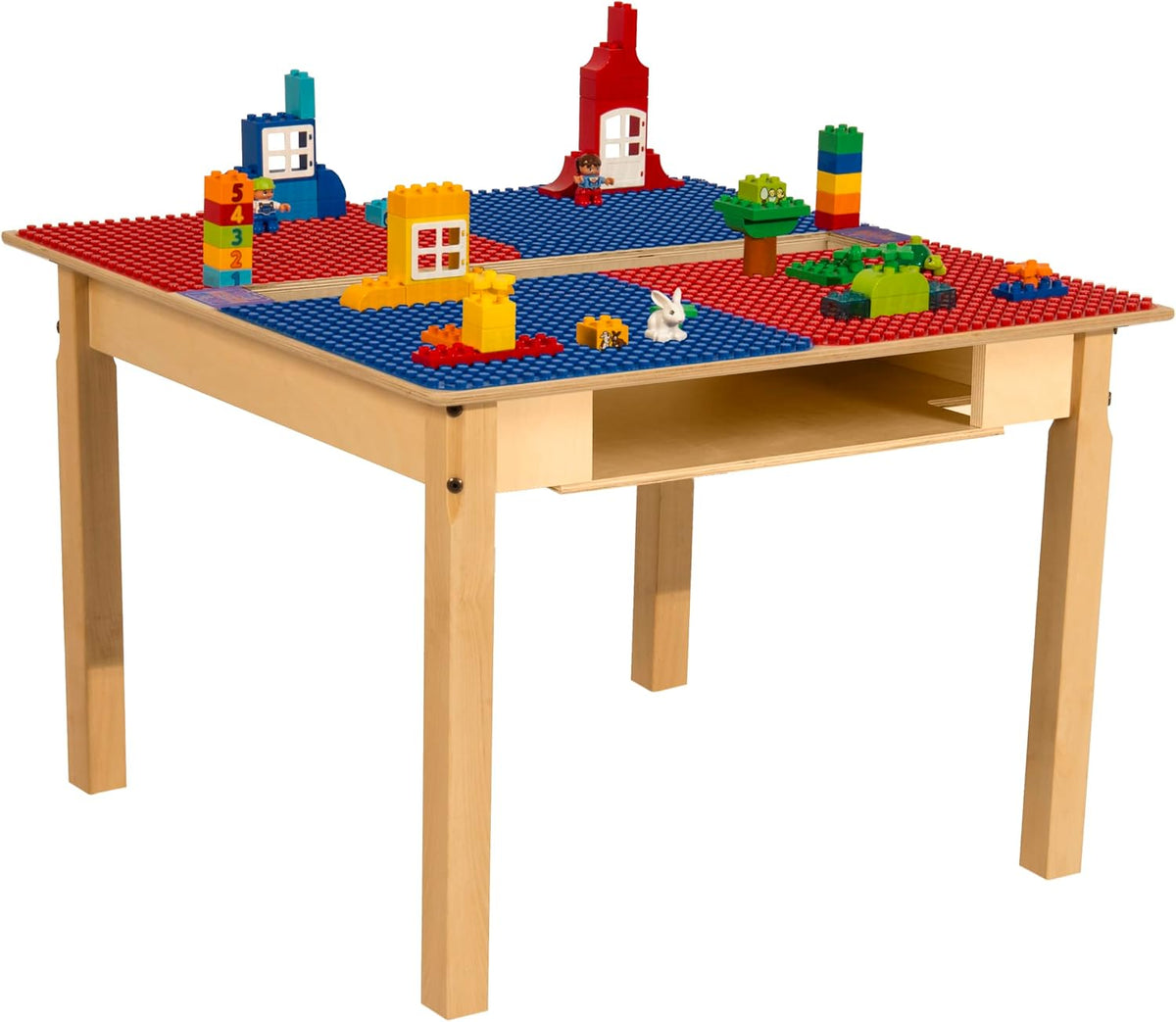 Square Time-2-Play Table with a trough and shelf, along with 22" legs and a DUPLO® Compatible Grid of RED/BLUE Color