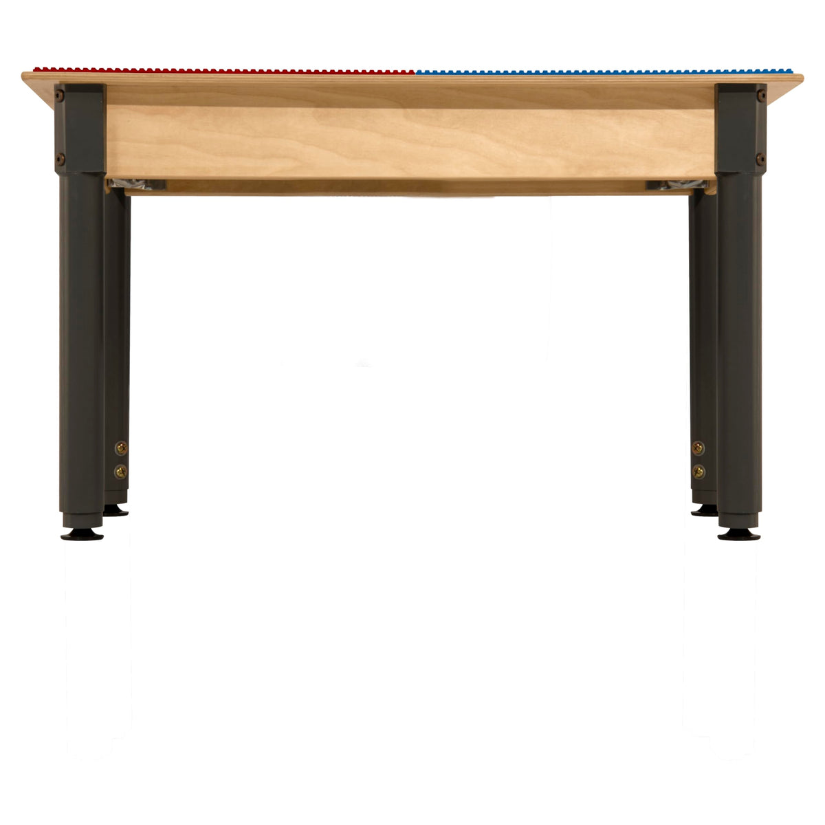 Square Time-2-Play Table with a trough, along with adjustable 18"-29" legs and a LEGO® Compatible Grid of RED/BLUE Color