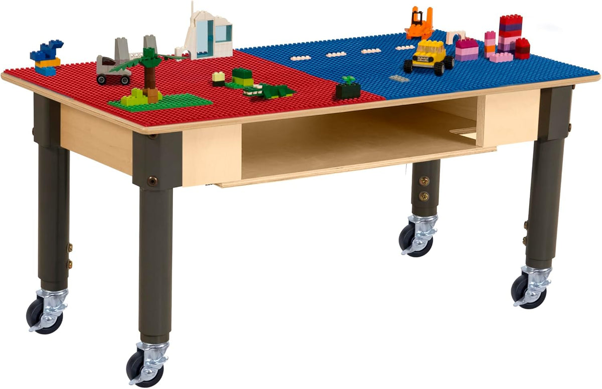 Rectangle Time-2-Play Table with a shelf, along with adjustable 12"-17" legs with locking casters and a LEGO® Compatible Grid of RED/BLUE Color