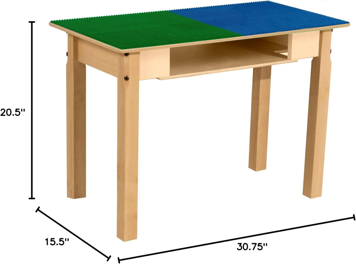 Rectangle Time-2-Play Table with a shelf, along with 20" legs and a LEGO® Compatible Grid of BLUE/GREEN Color