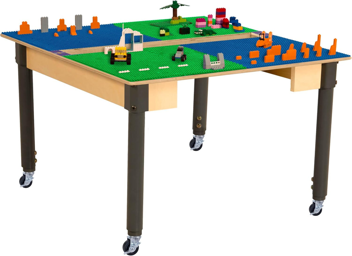 Square Time-2-Play Table with a trough, along with adjustable 18"-29" legs with locking casters and a LEGO® Compatible Grid of BLUE/GREEN Color