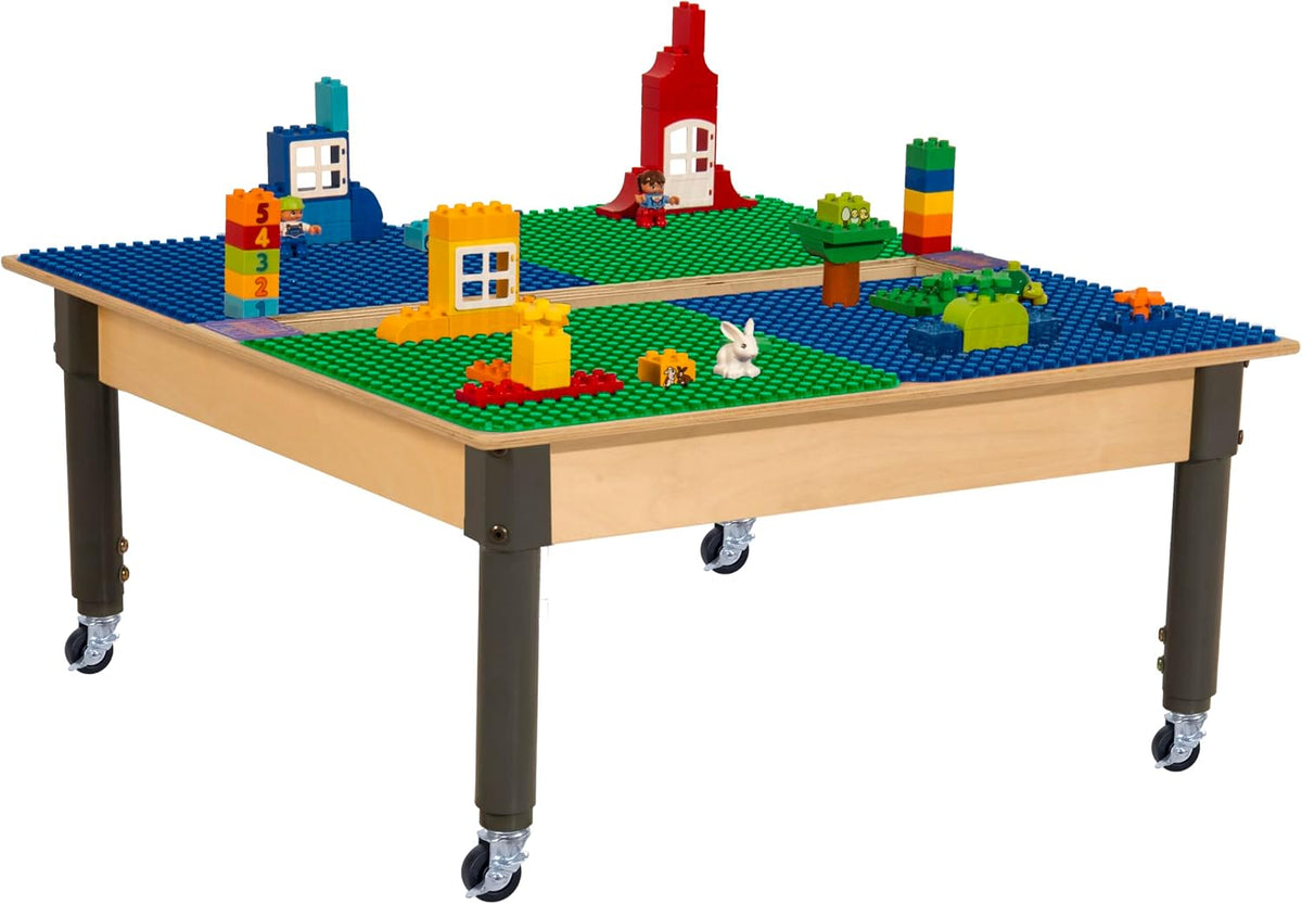 Square Time-2-Play Table with a trough, along with adjustable 12"-17" legs with locking casters and a DUPLO® Compatible Grid of BLUE/GREEN Color