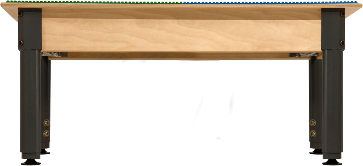 Square Time-2-Play Table with a trough and shelf, along with adjustable 12"-17" legs and a DUPLO® Compatible Grid of BLUE/GREEN Color