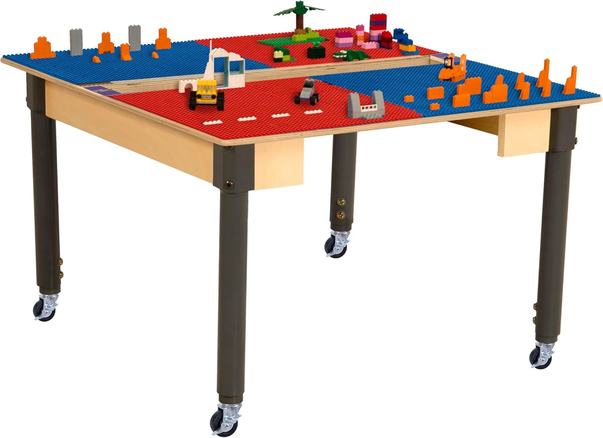 Square Time-2-Play Table with a trough, along with adjustable 18"-29" legs with locking casters and a LEGO® Compatible Grid of RED/BLUE Color