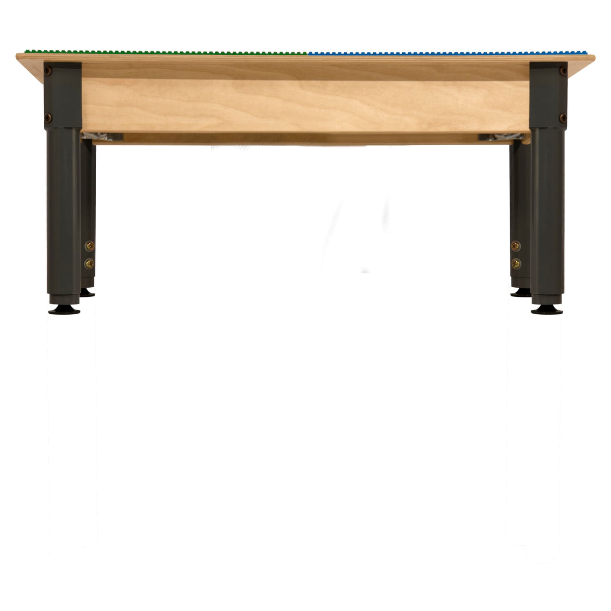 Square Time-2-Play Table with a trough, along with adjustable 12"-17" legs and a LEGO® Compatible Grid of BLUE/GREEN Color
