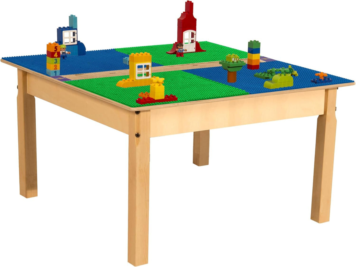 Square Time-2-Play Table with a trough, along with 18" legs and a DUPLO® Compatible Grid of BLUE/GREEN Color