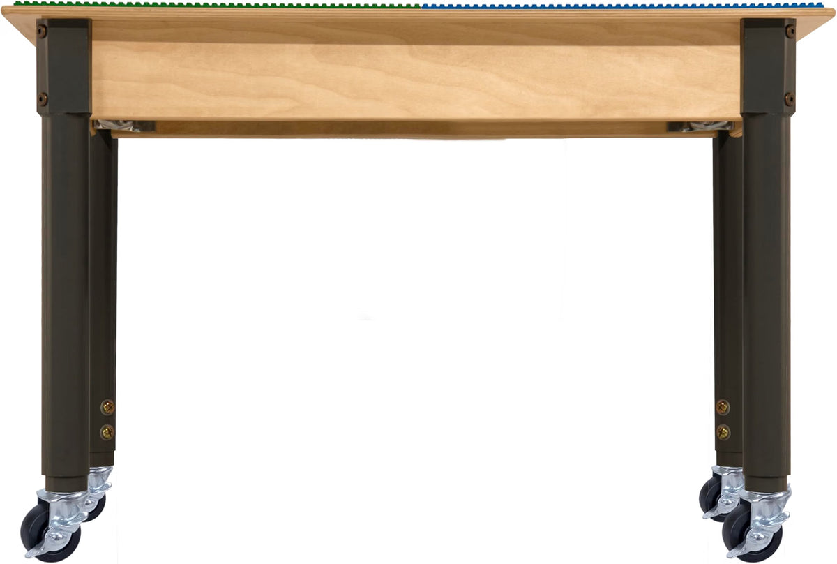 Rectangle Time-2-Play Table with a trough, along with adjustable 18"-29" legs with locking casters and a LEGO® Compatible Grid of BLUE/GREEN Color