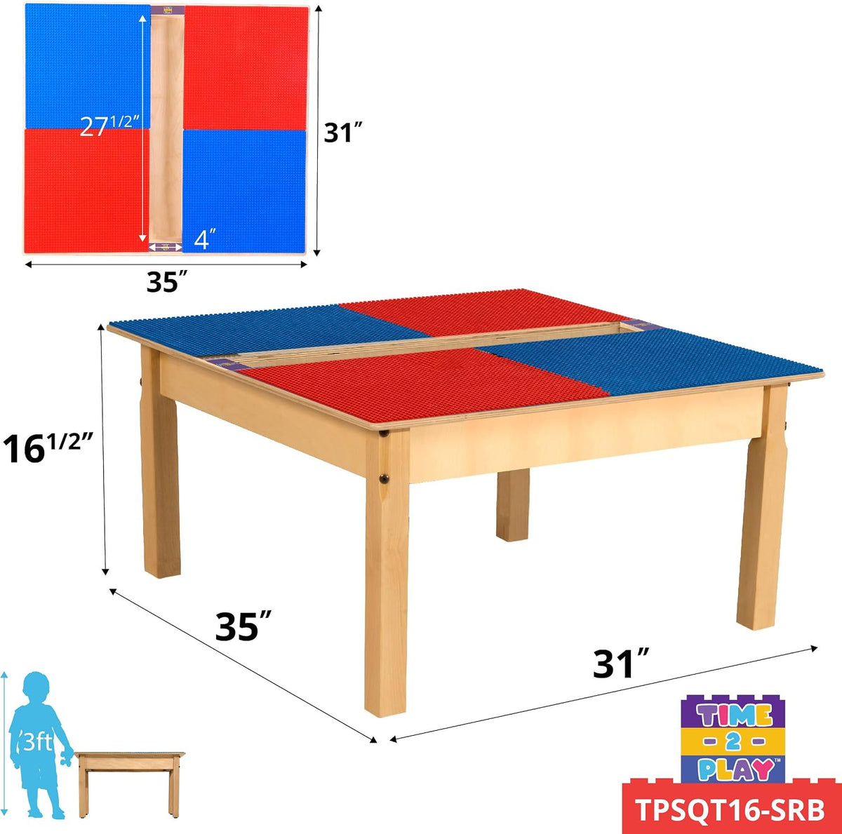 Square Time-2-Play Table with a trough, along with 16" legs and a DUPLO® Compatible Grid of RED/BLUE Color