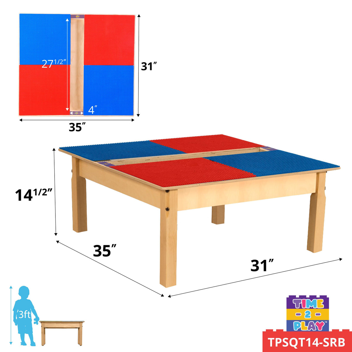 Square Time-2-Play Table with a trough, along with 14" legs and a DUPLO® Compatible Grid of RED/BLUE Color