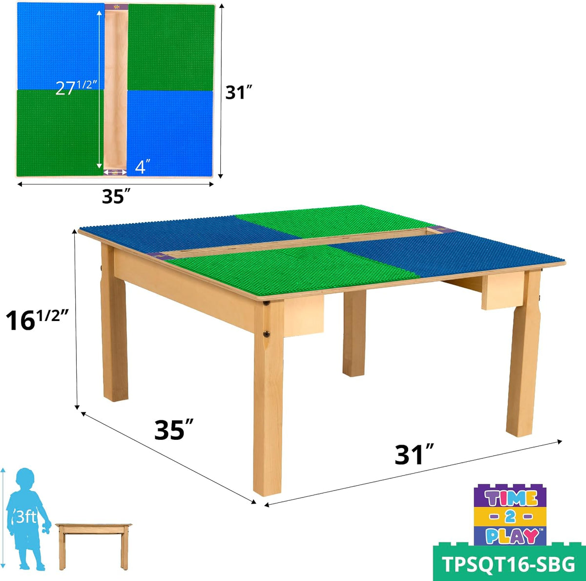 Square Time-2-Play Table with a trough, along with 16" legs and a LEGO® Compatible Grid of BLUE/GREEN Color