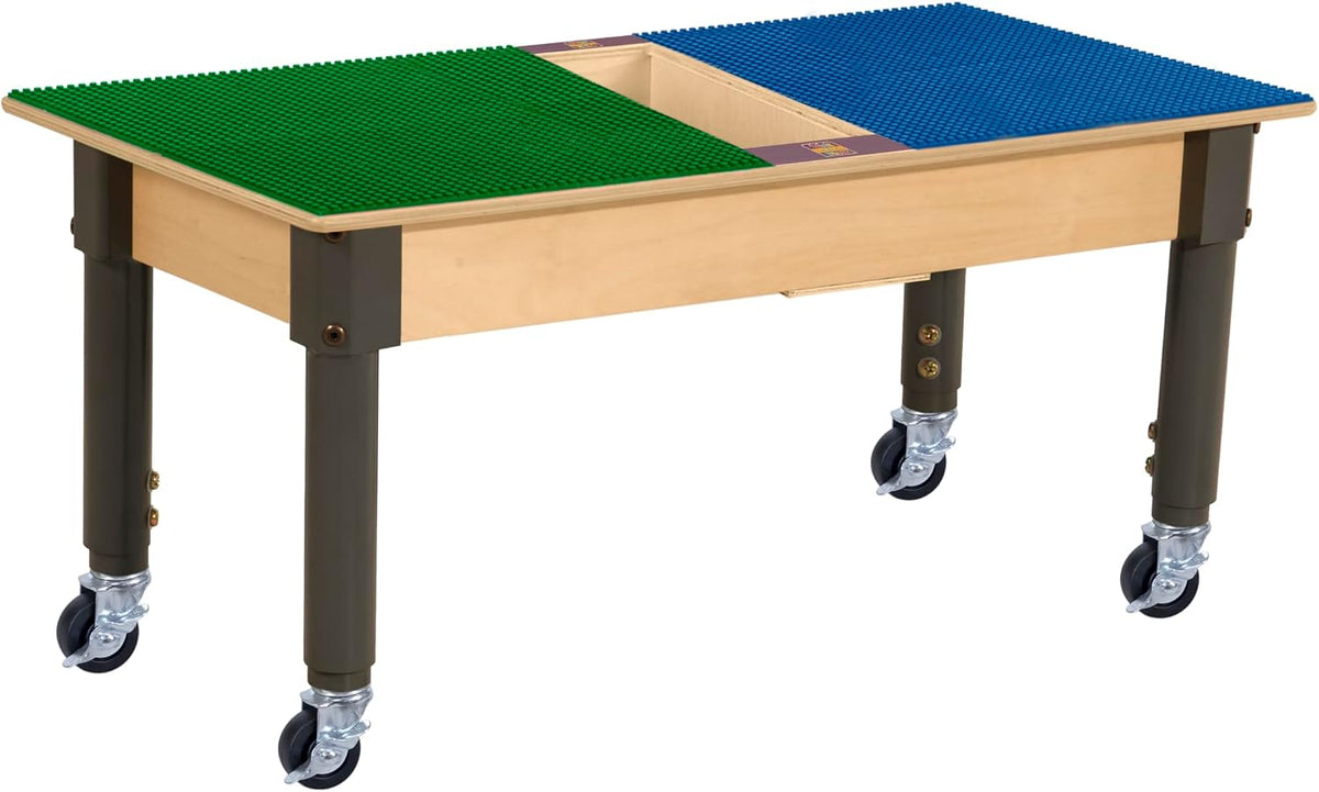 Rectangle Time-2-Play Table with a trough, along with adjustable 12"-18" legs with locking casters and a LEGO® Compatible Grid of BLUE/GREEN Color