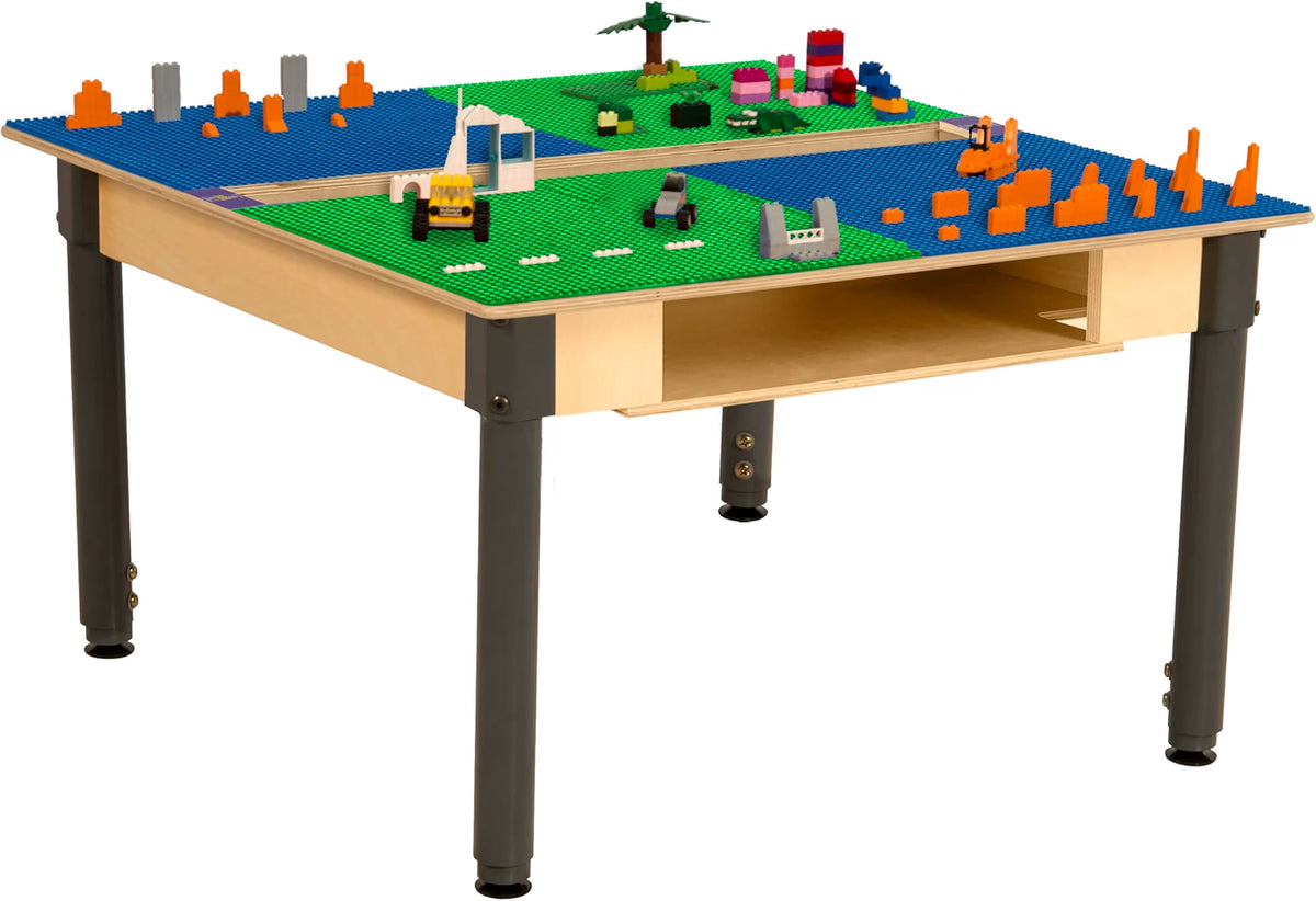 Square Time-2-Play Table with a trough and shelf, along with adjustable 18"-29" legs and a LEGO® Compatible Grid of BLUE/GREEN Color