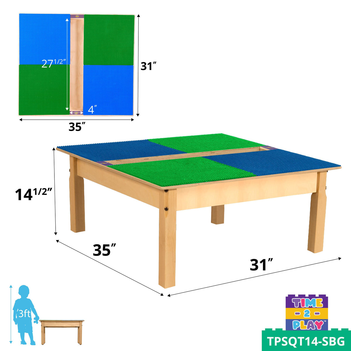 Square Time-2-Play Table with a trough, along with 14" legs and a DUPLO® Compatible Grid of BLUE/GREEN Color