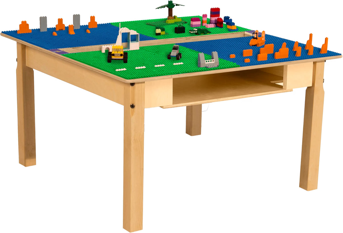 Square Time-2-Play Table with a trough and shelf, along with 18" legs and a LEGO® Compatible Grid of BLUE/GREEN Color