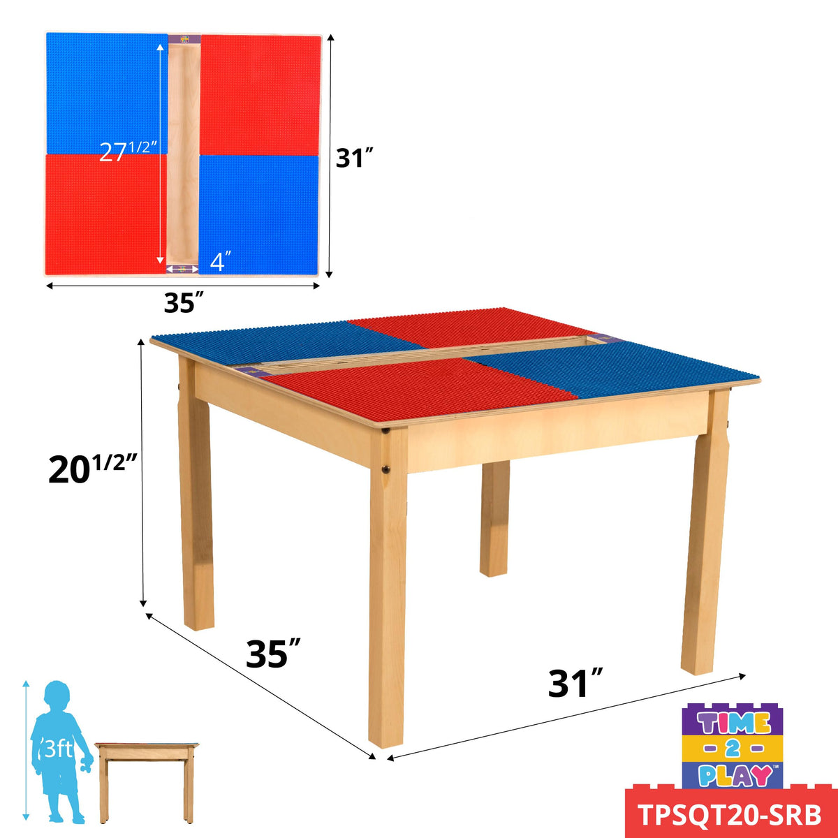 Square Time-2-Play Table with a trough, along with 20" legs and a DUPLO® Compatible Grid of RED/BLUE Color