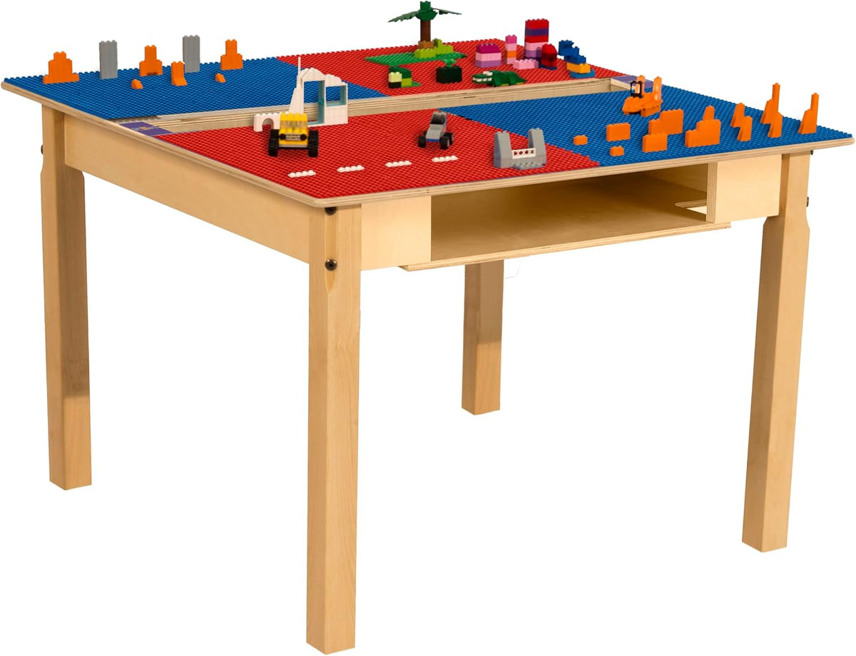 Square Time-2-Play Table with a trough and shelf, along with 22" legs and a LEGO® Compatible Grid of RED/BLUE Color