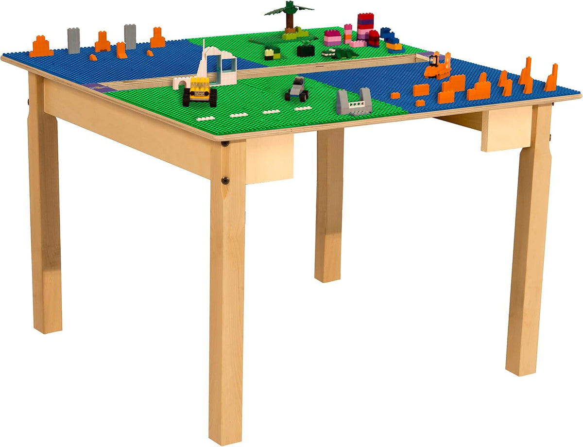 Square Time-2-Play Table with a trough, along with 20" legs and a LEGO® Compatible Grid of BLUE/GREEN Color