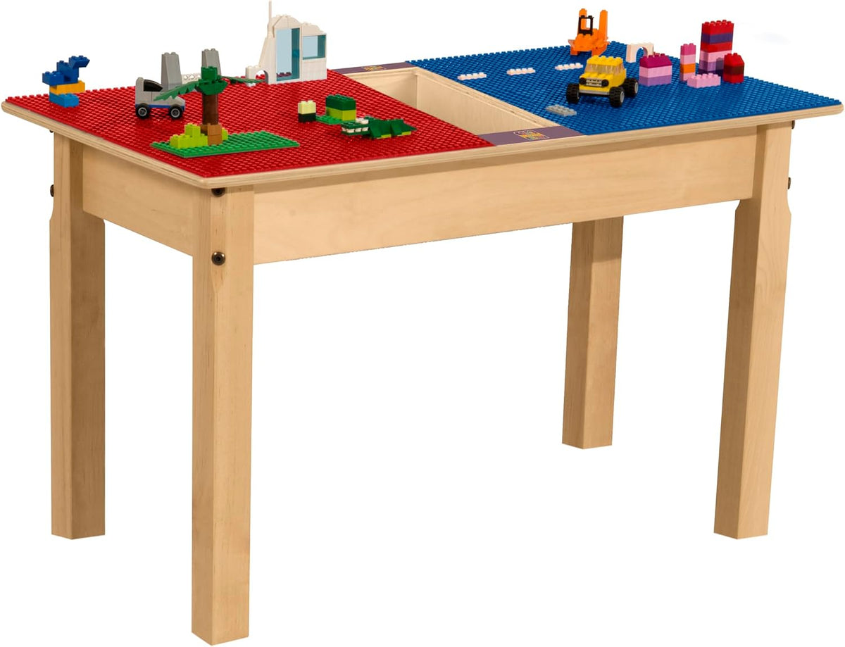 Rectangle Time-2-Play Table with a trough, along with 18" legs and a LEGO® Compatible Grid of RED/BLUE Color