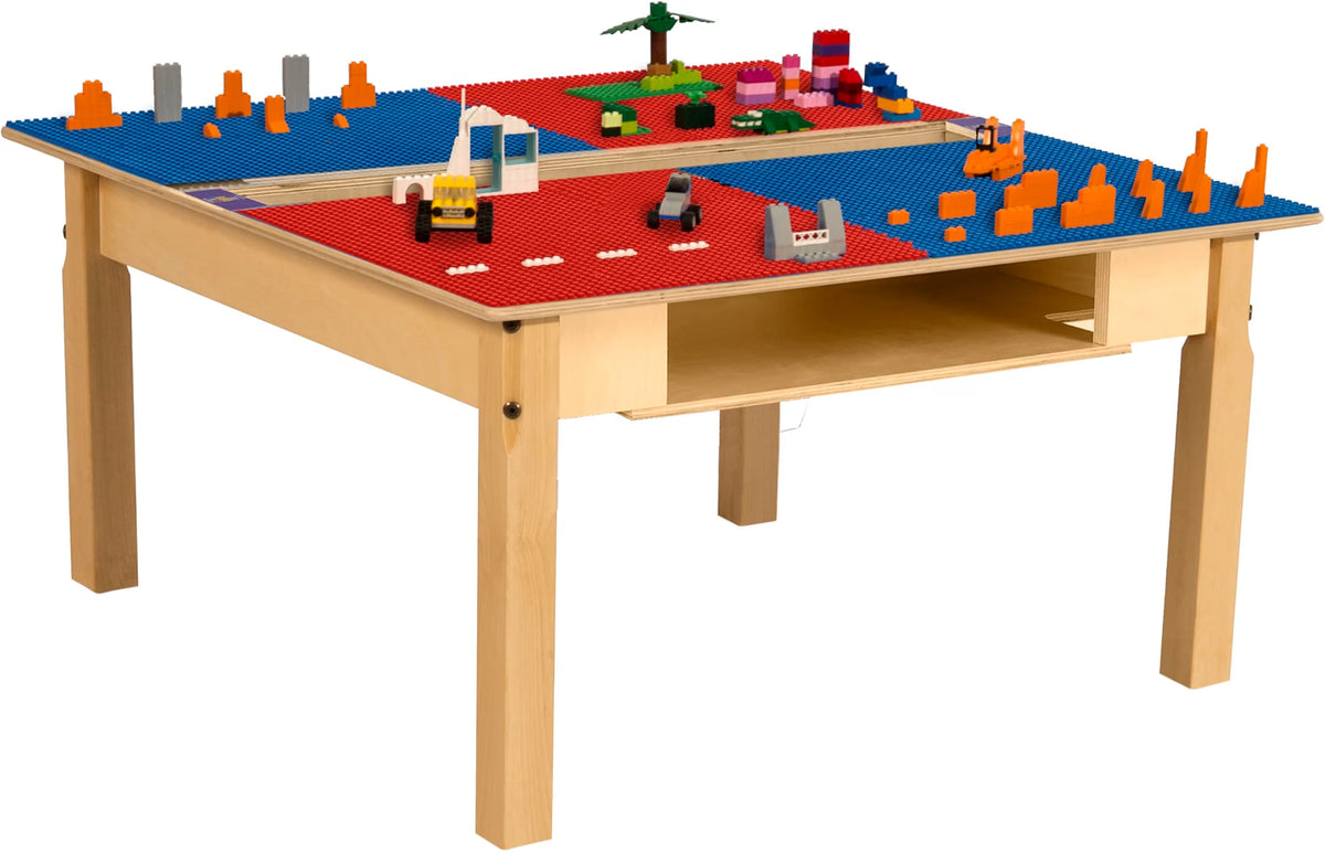 Square Time-2-Play Table with a trough and shelf, along with 16" legs and a LEGO® Compatible Grid of RED/BLUE Color