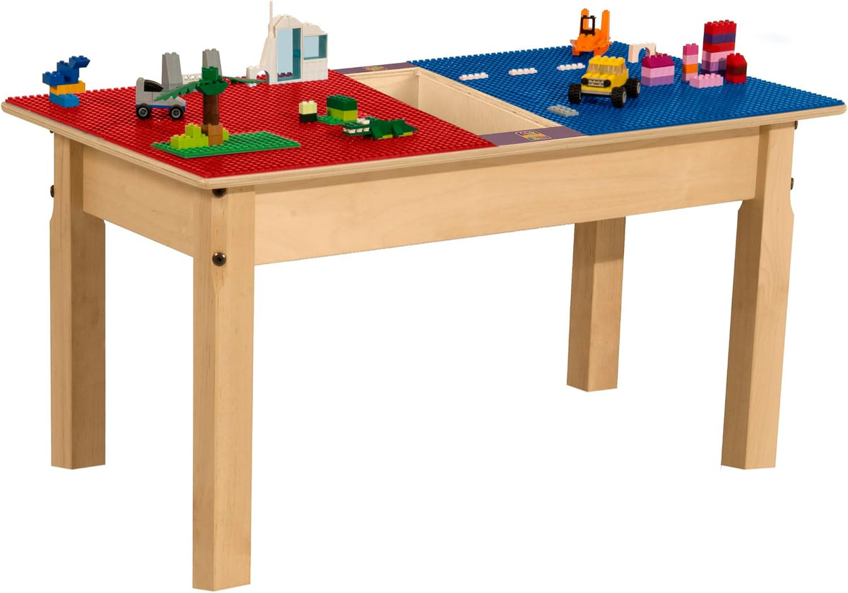 Rectangle Time-2-Play Table with a trough, along with 16" legs and a LEGO® Compatible Grid of RED/BLUE Color
