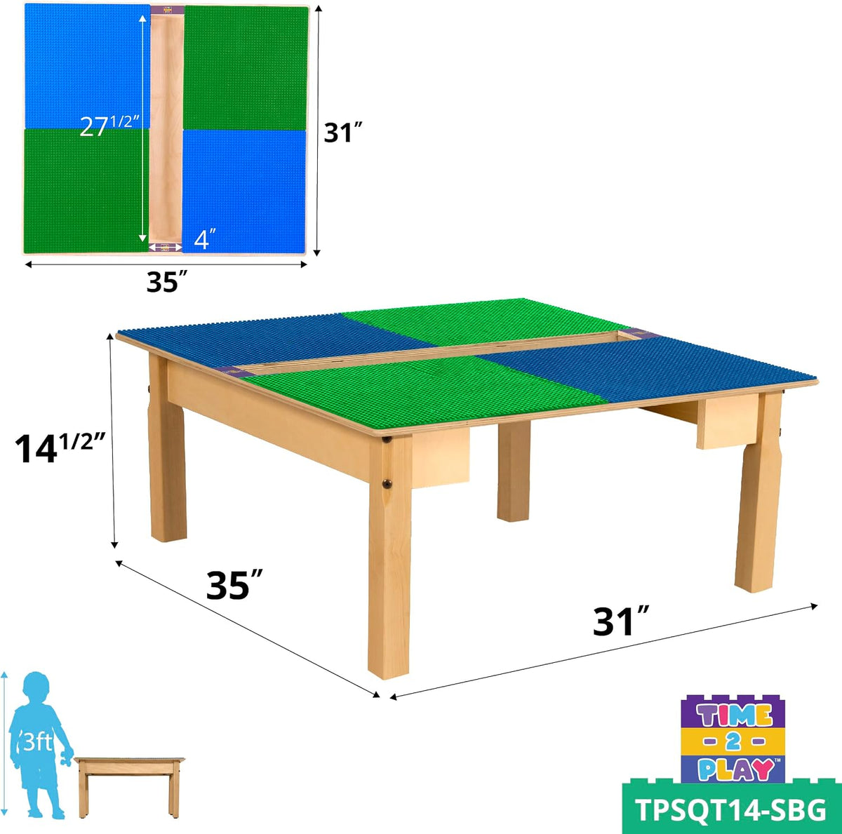 Square Time-2-Play Table with a trough, along with 14" legs and a LEGO® Compatible Grid of BLUE/GREEN Color