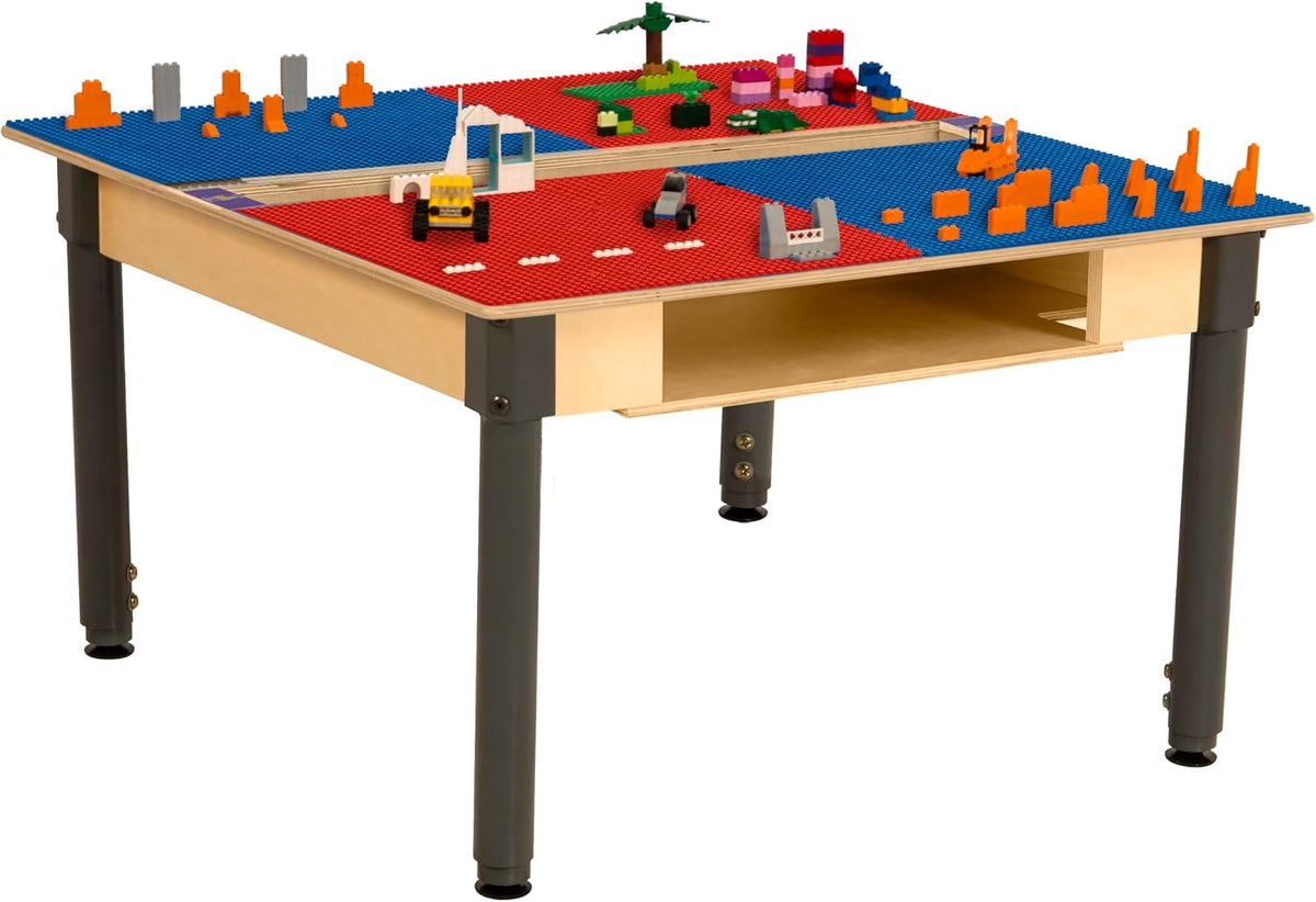 Square Time-2-Play Table with a trough and shelf, along with adjustable 18"-29" legs and a LEGO® Compatible Grid of RED/BLUE Color