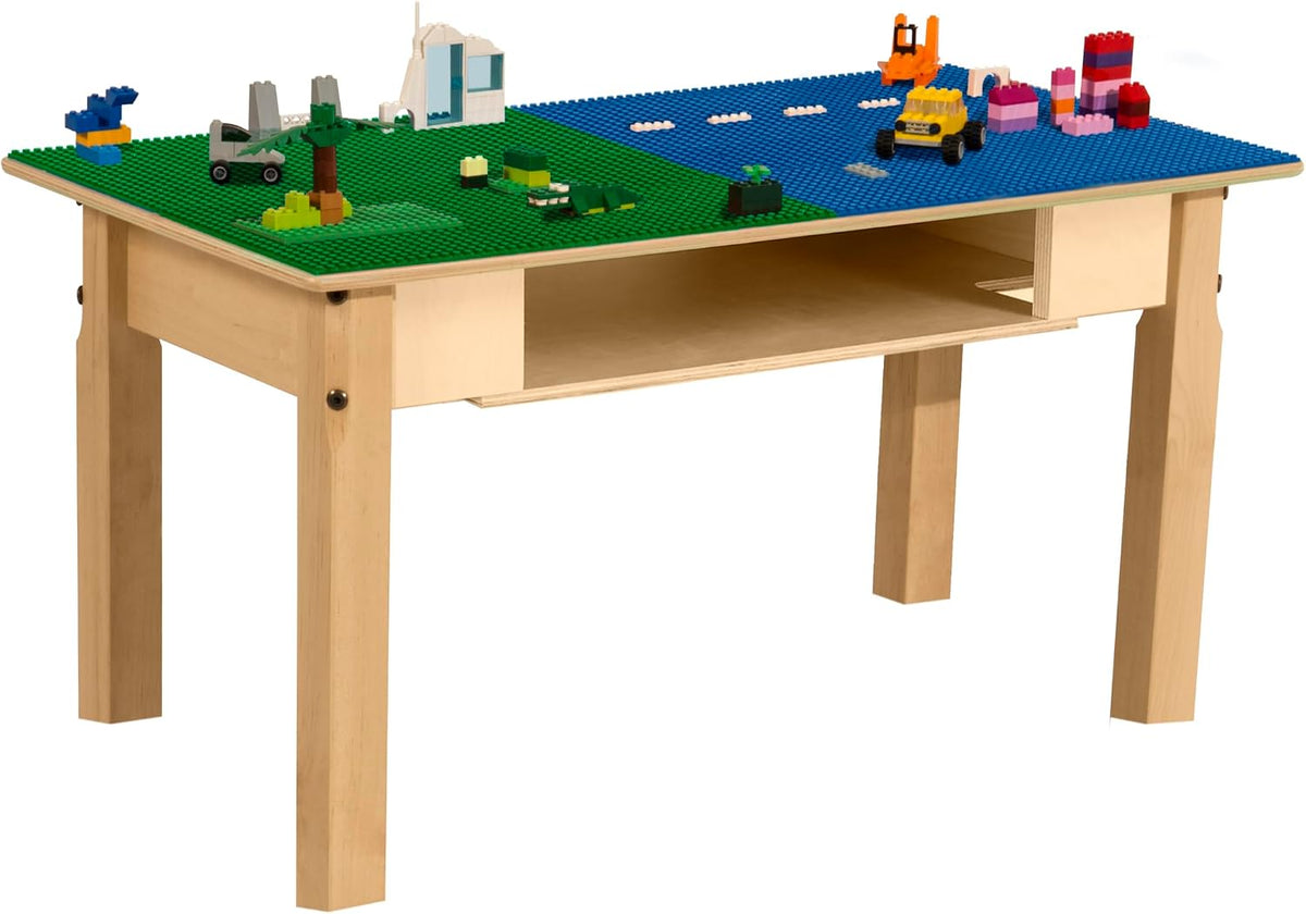 Rectangle Time-2-Play Table with a shelf, along with 16" legs and a LEGO® Compatible Grid of BLUE/GREEN Color