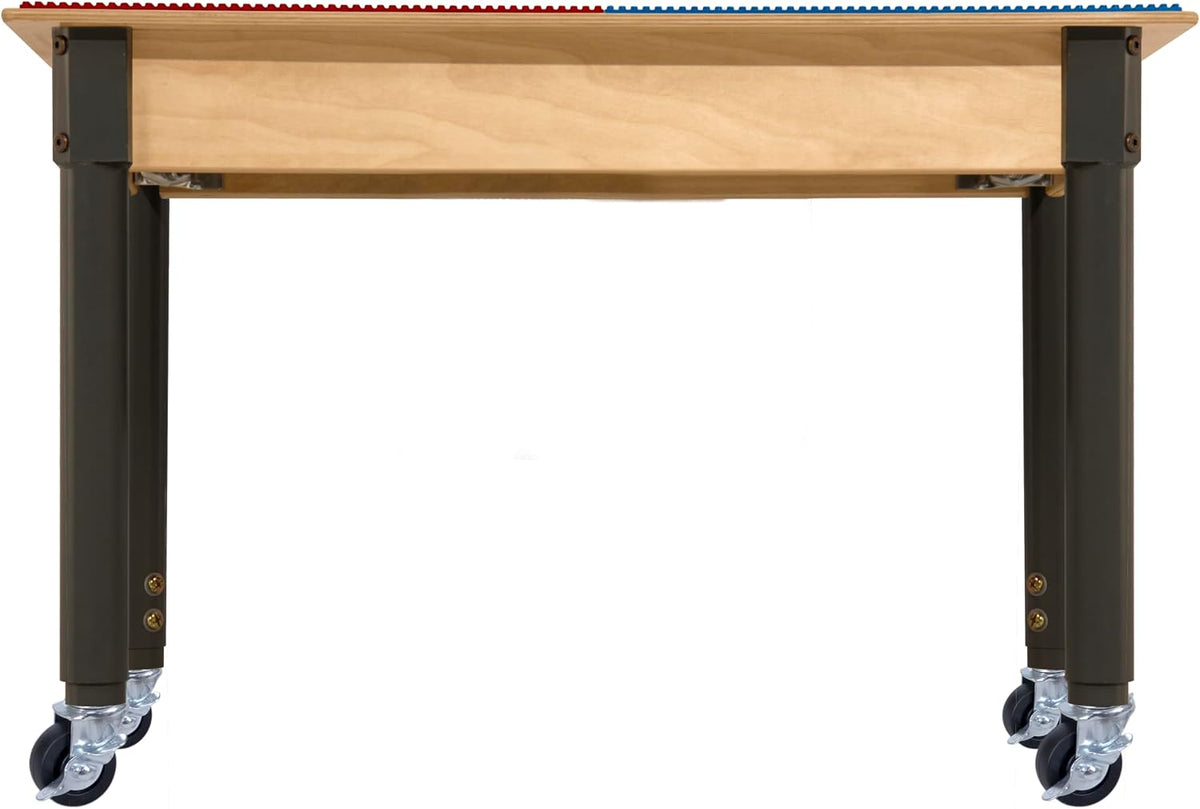 Square Time-2-Play Table with a trough and shelf, along with adjustable 18"-29" legs with locking casters and a DUPLO® Compatible Grid of RED/BLUE Color