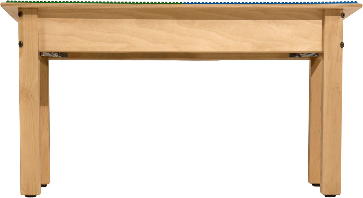 Square Time-2-Play Table with a trough and shelf, along with 14" legs and a LEGO® Compatible Grid of BLUE/GREEN Color