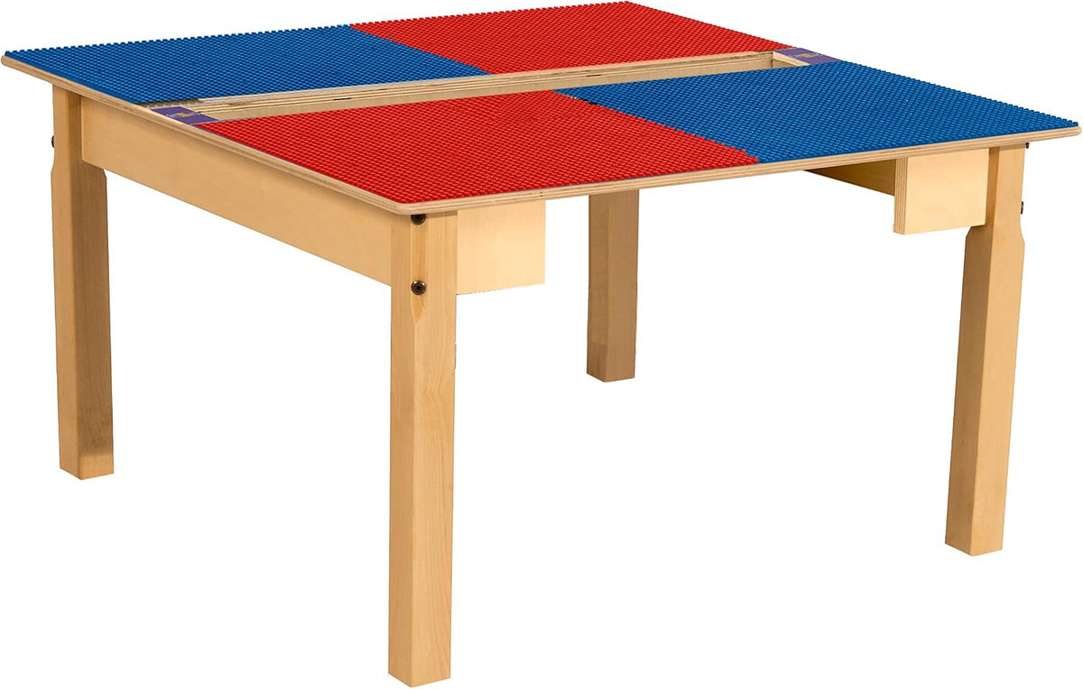 Square Time-2-Play Table with a trough, along with 18" legs and a LEGO® Compatible Grid of RED/BLUE Color