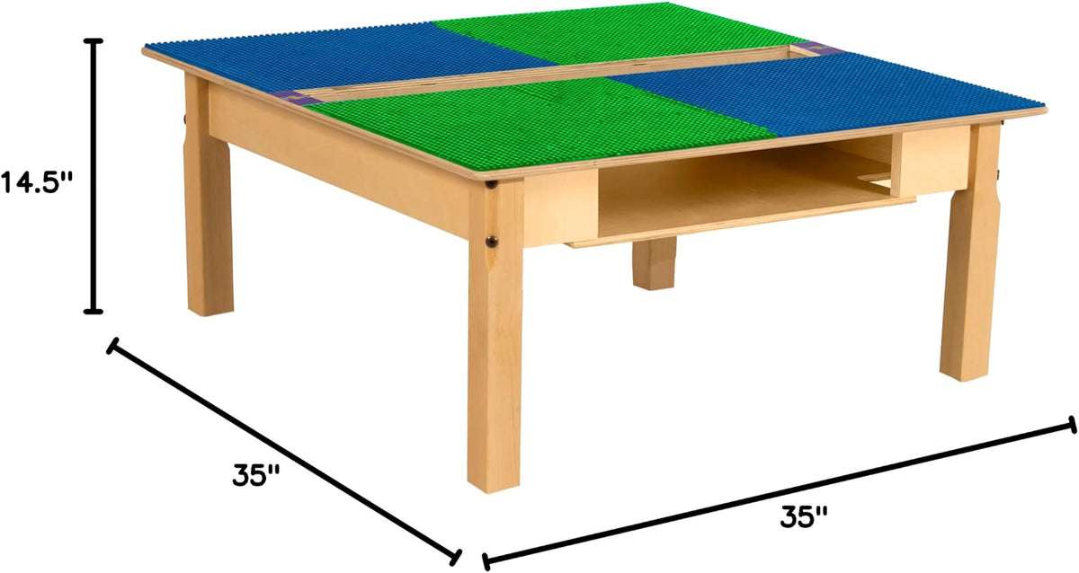Square Time-2-Play Table with a trough and shelf, along with 14" legs and a LEGO® Compatible Grid of BLUE/GREEN Color