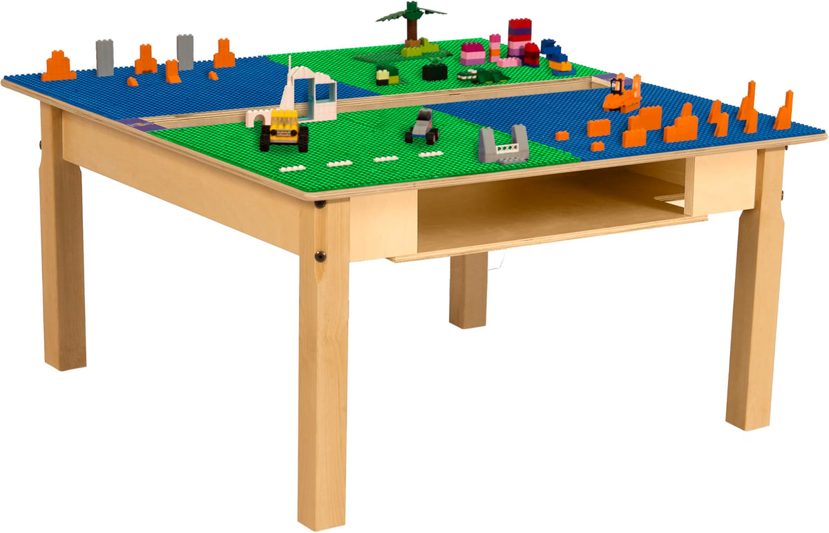 Square Time-2-Play Table with a trough and shelf, along with 16" legs and a LEGO® Compatible Grid of BLUE/GREEN Color