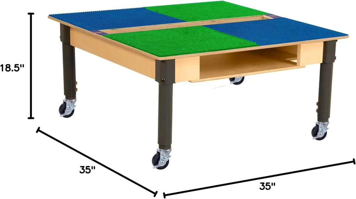 Square Time-2-Play Table with a trough and shelf, along with adjustable 12"-18" legs with locking casters and a LEGO® Compatible Grid of BLUE/GREEN Color