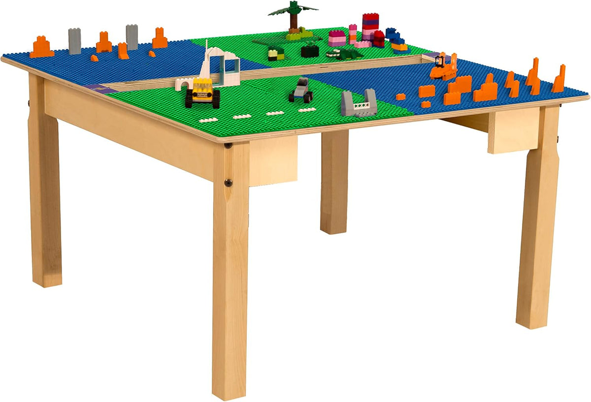 Square Time-2-Play Table with a trough, along with 18" legs and a LEGO® Compatible Grid of BLUE/GREEN Color