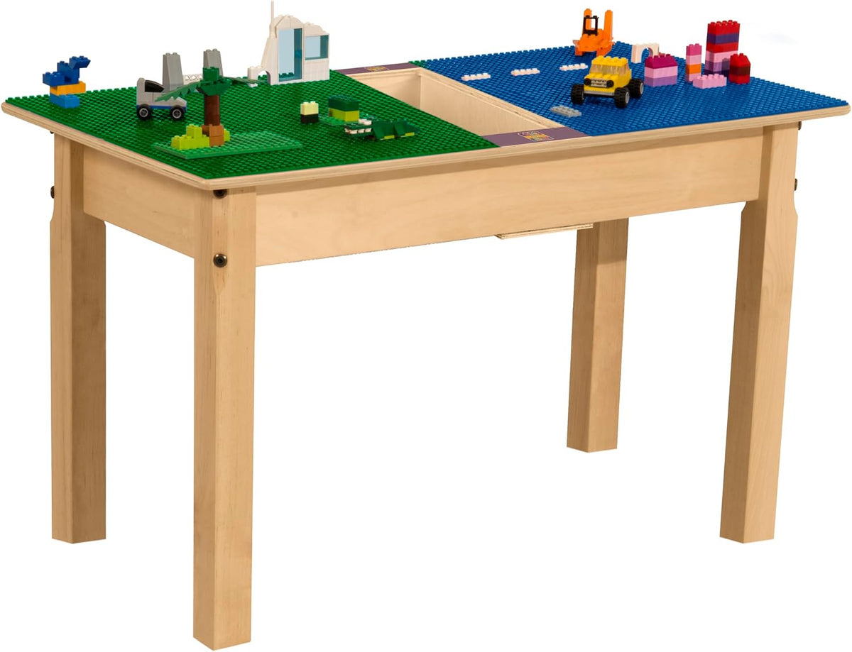 Rectangle Time-2-Play Table with a trough, along with 18" legs and a LEGO® Compatible Grid of BLUE/GREEN Color