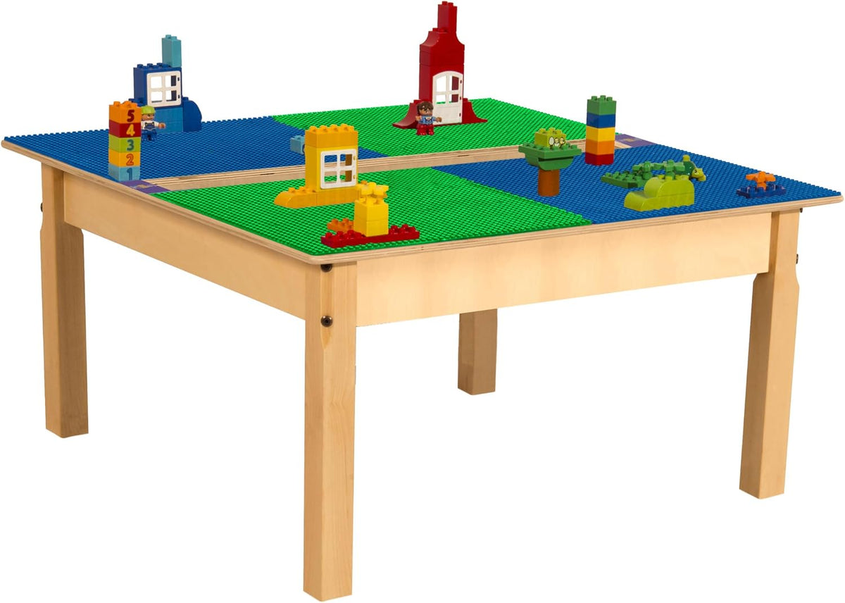 Square Time-2-Play Table with a trough, along with 16" legs and a DUPLO® Compatible Grid of BLUE/GREEN Color