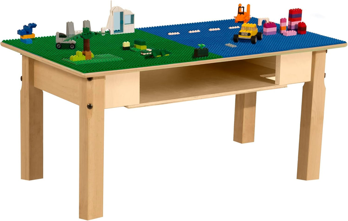 Rectangle Time-2-Play Table with a shelf, along with 14" legs and a LEGO® Compatible Grid of BLUE/GREEN Color