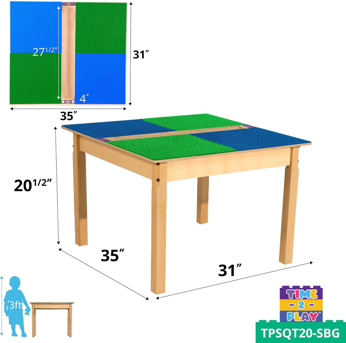 Square Time-2-Play Table with a trough, along with 20" legs and a DUPLO® Compatible Grid of BLUE/GREEN Color
