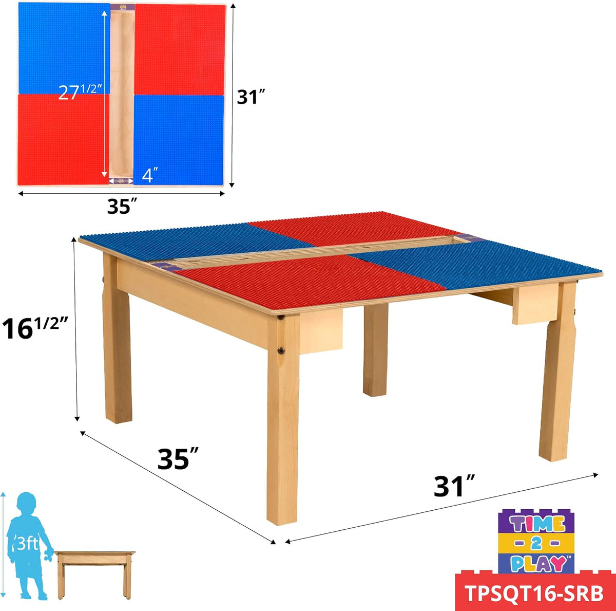 Square Time-2-Play Table with a trough, along with 16" legs and a LEGO® Compatible Grid of RED/BLUE Color