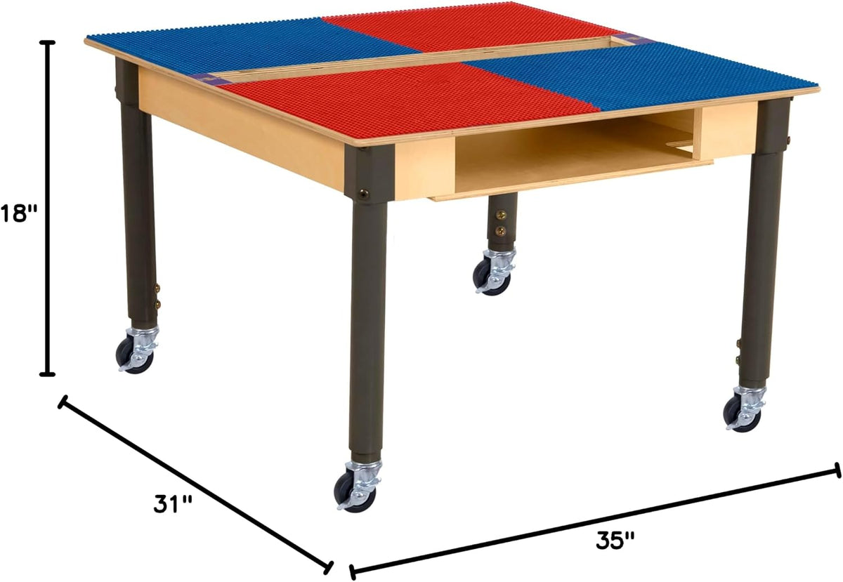 Square Time-2-Play Table with a trough and shelf, along with adjustable 18"-29" legs with locking casters and a LEGO® Compatible Grid of RED/BLUE Color