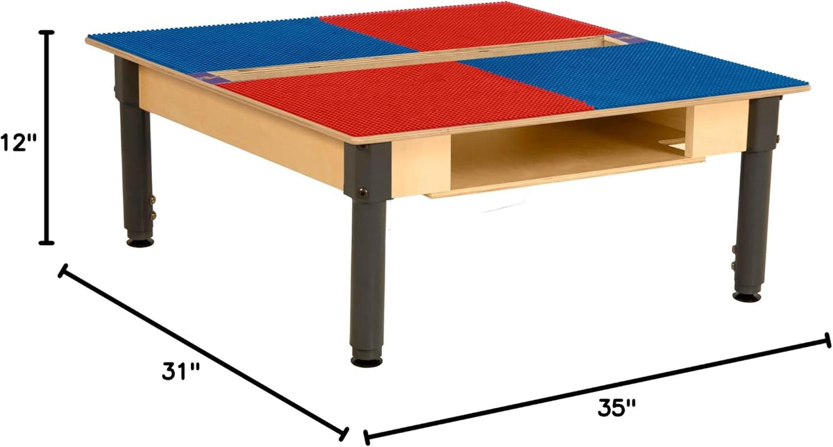 Square Time-2-Play Table with a trough and shelf, along with adjustable 12"-17" legs and a LEGO® Compatible Grid of RED/BLUE Color