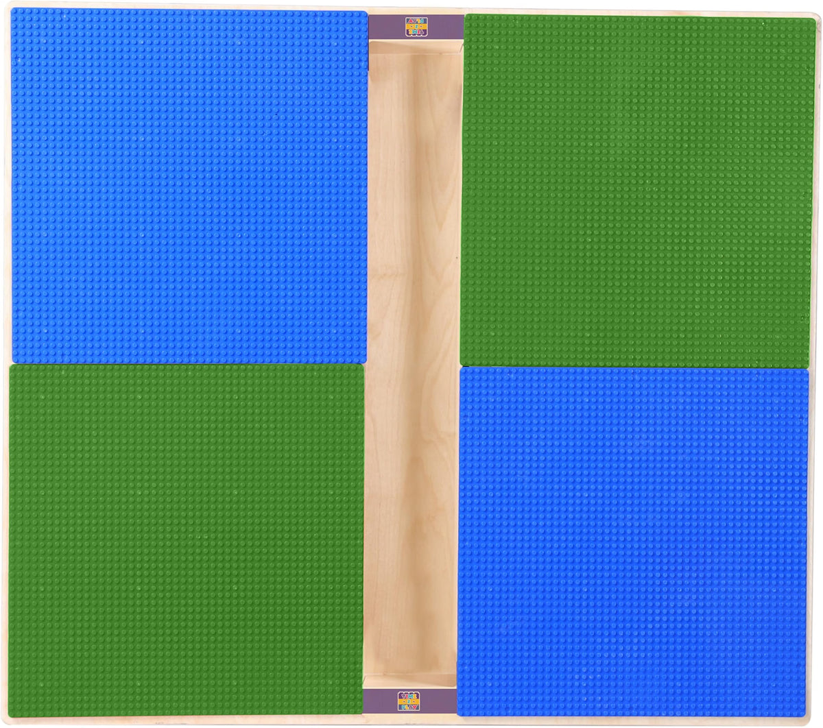 Square Time-2-Play Table with a trough and shelf, along with adjustable 18"-29" legs and a LEGO® Compatible Grid of BLUE/GREEN Color