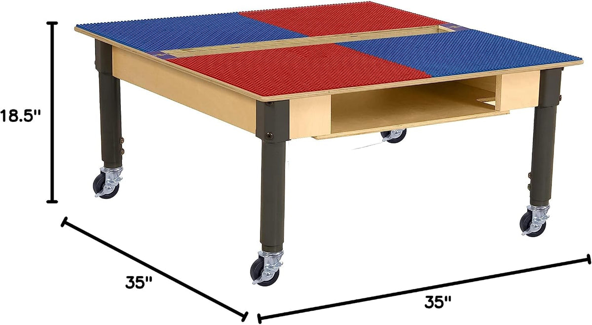Square Time-2-Play Table with a trough and shelf, along with adjustable 12"-17" legs with locking casters and a LEGO® Compatible Grid of RED/BLUE Color