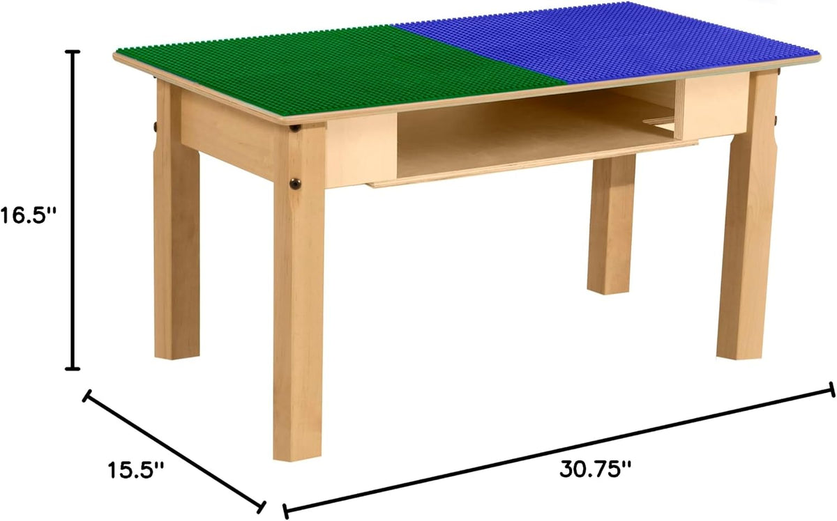 Rectangle Time-2-Play Table with a shelf, along with 16" legs and a LEGO® Compatible Grid of BLUE/GREEN Color