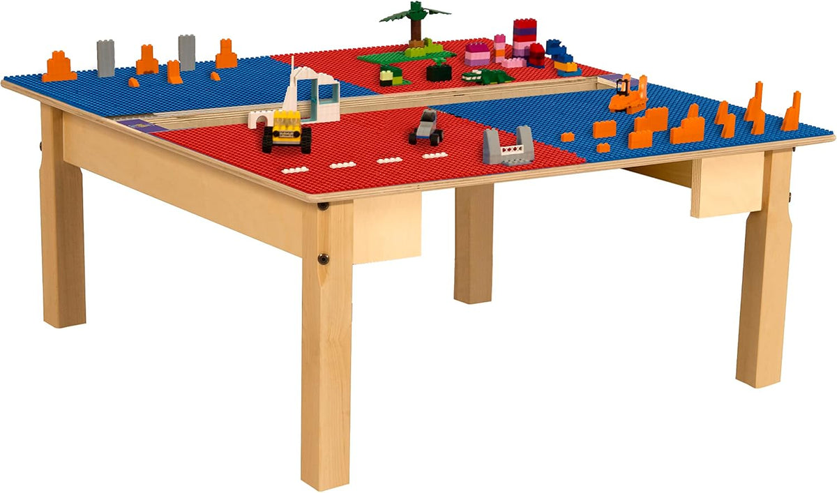Square Time-2-Play Table with a trough, along with 14" legs and a LEGO® Compatible Grid of RED/BLUE Color