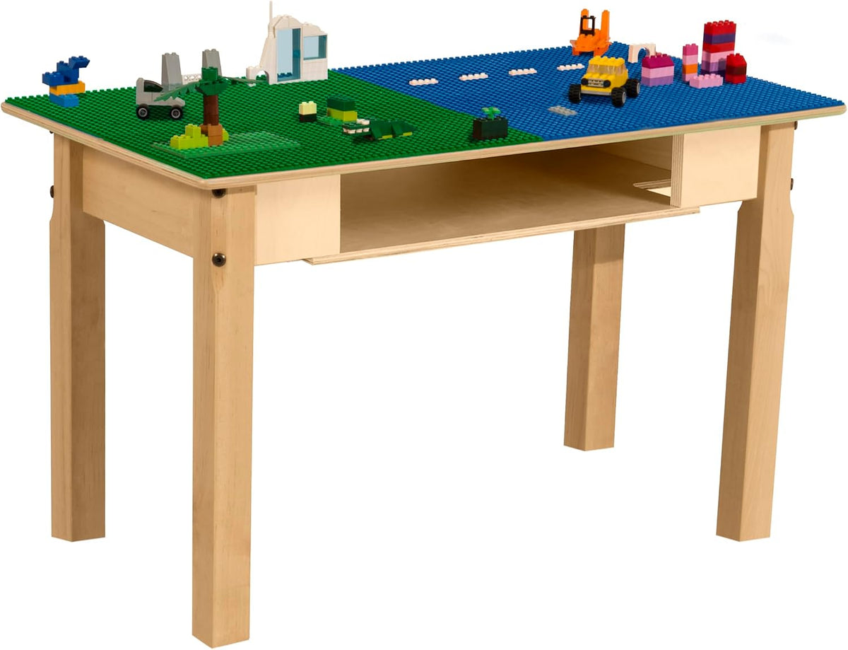 Rectangle Time-2-Play Table with a shelf, along with 18" legs and a LEGO® Compatible Grid of BLUE/GREEN Color